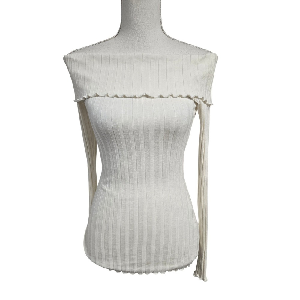 Simon Miller White Ribbed Off The Shoulder Long Sleeve Top Women's Sz XS Cream